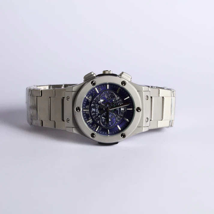 Hublot Skeleton | Blue Dial | Matte Silver Chain