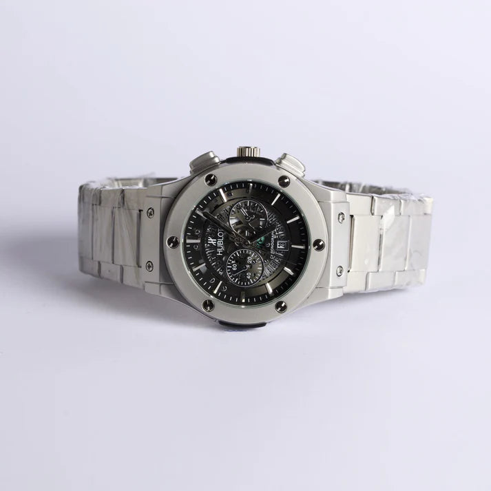 Hublot Skeleton | Charcoal Dial | Matte Silver Chain