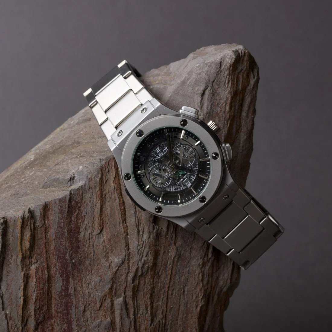 Hublot Skeleton | Charcoal Dial | Matte Silver Chain