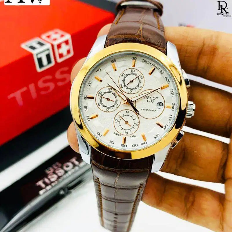 Tissot Chronograph | White Gold Dial | Brown Straps