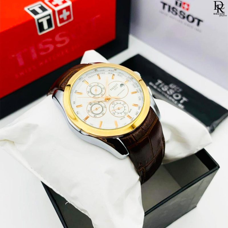 Tissot Chronograph | White Gold Dial | Brown Straps