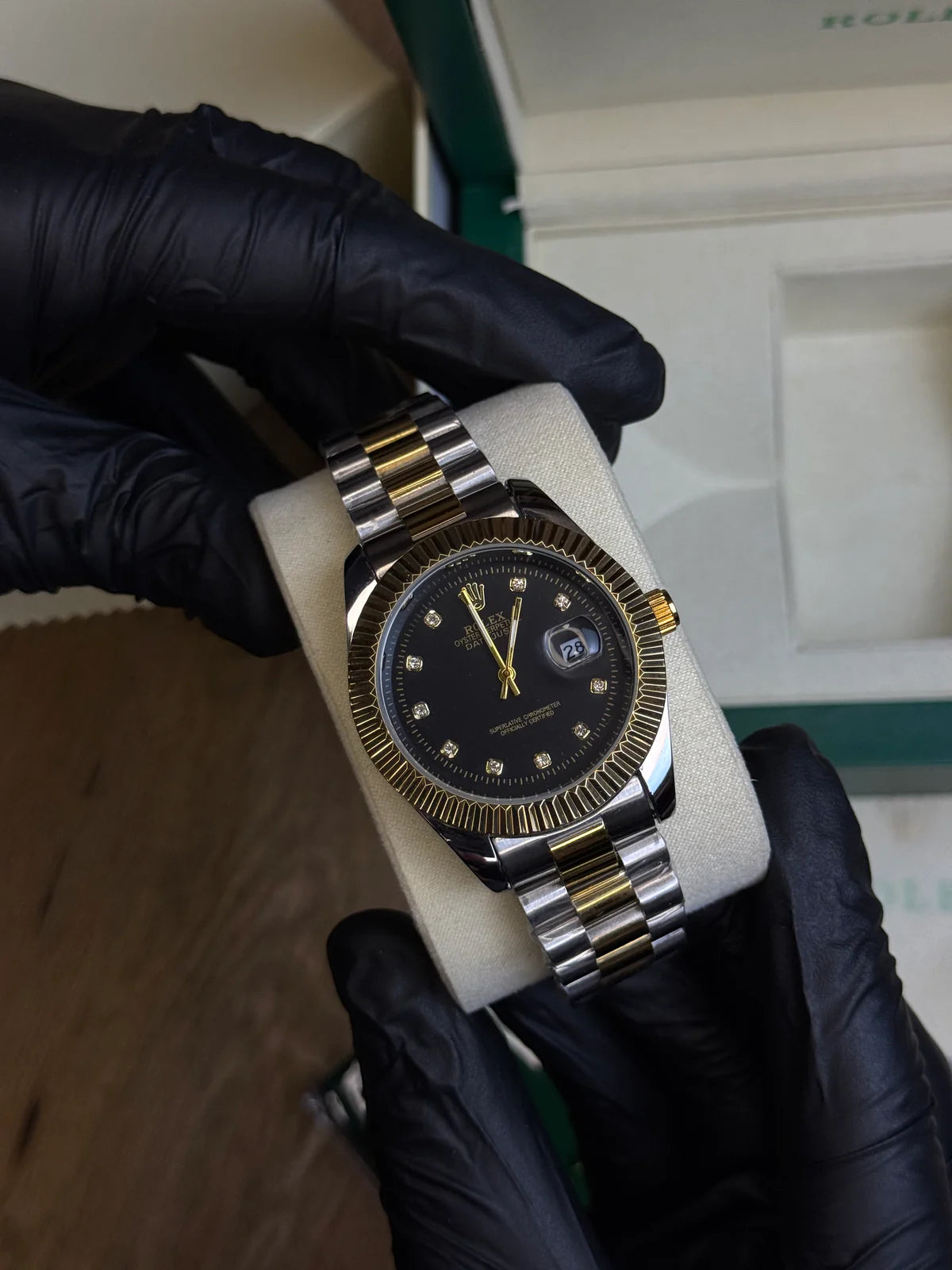 RLX Oyester | Black & Gold Dial | Silver Chain