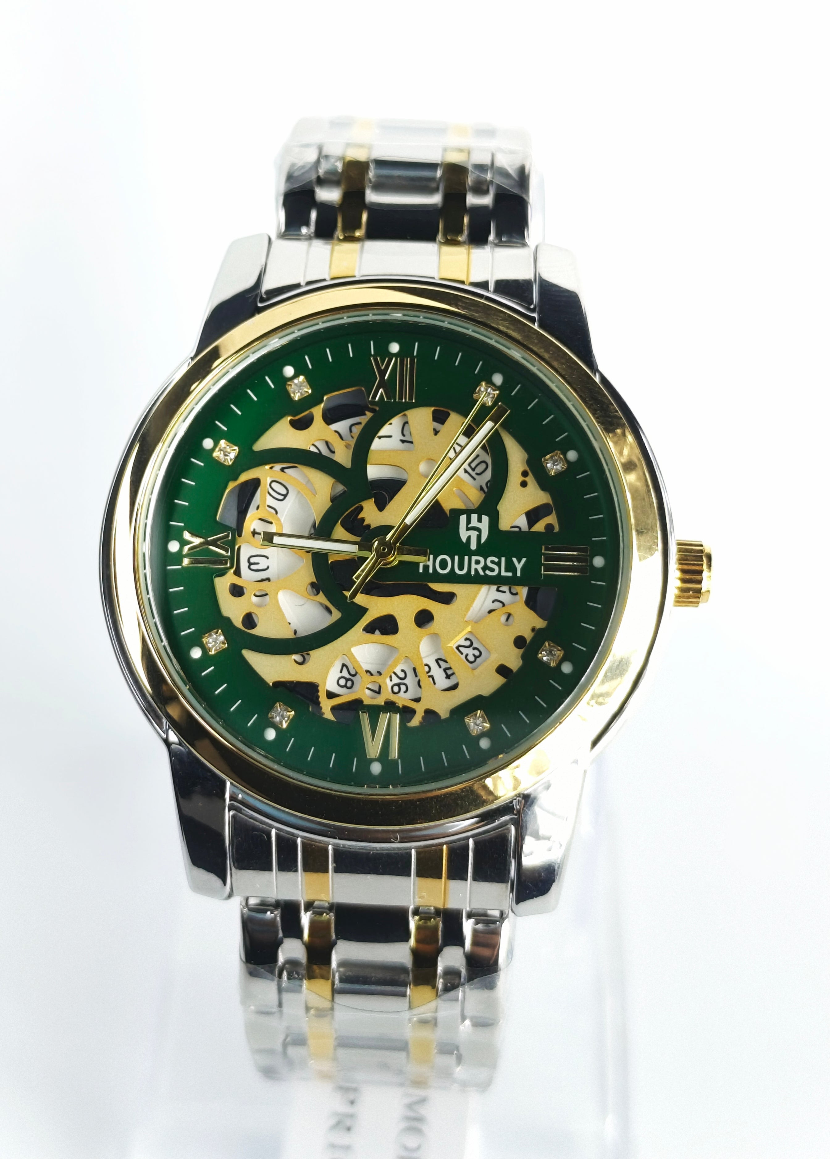 Hoursly(Original)Skeleton|Green Dial|Golden Chain we