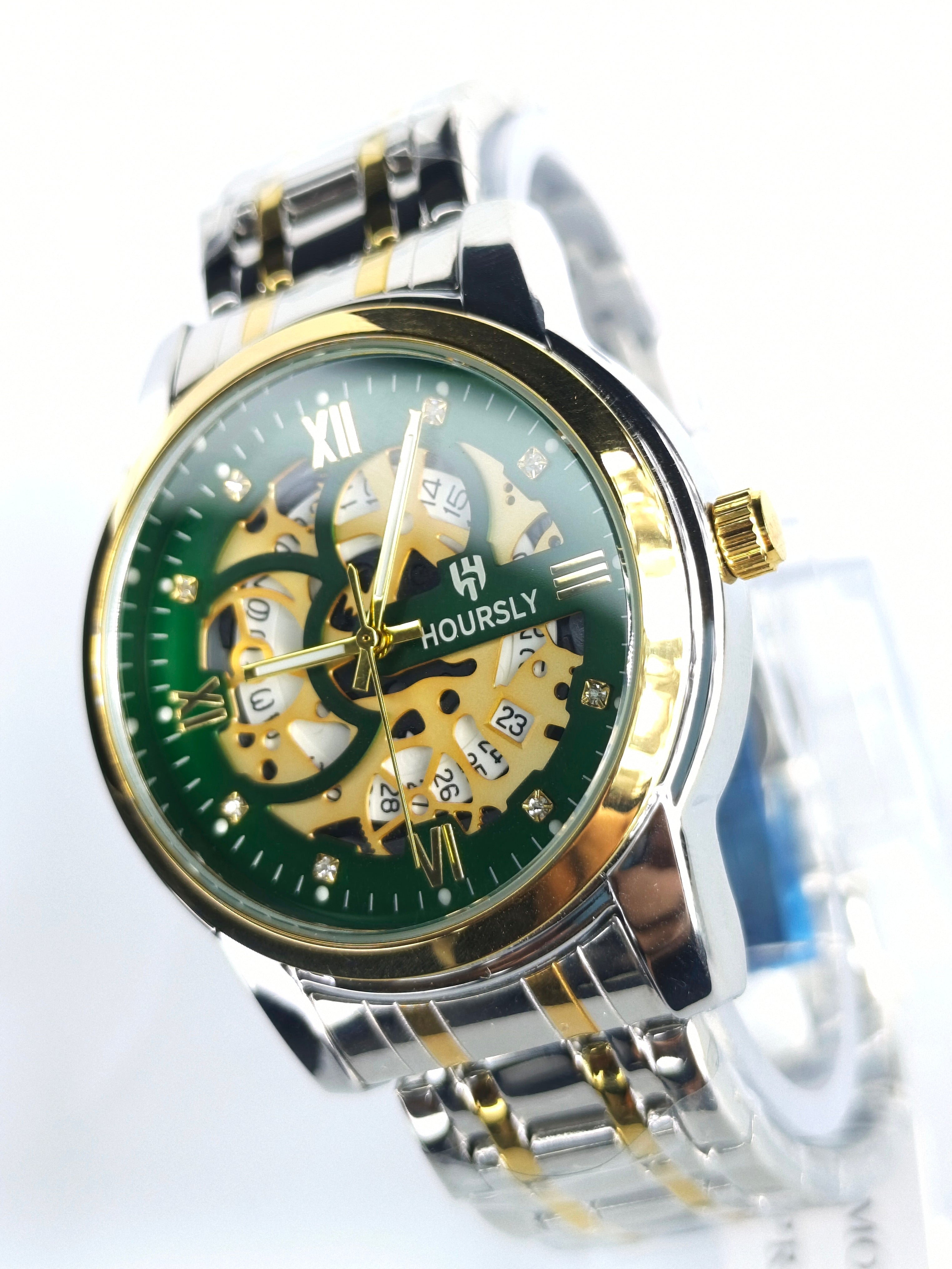 Hoursly(Original)Skeleton|Green Dial|Golden Chain we