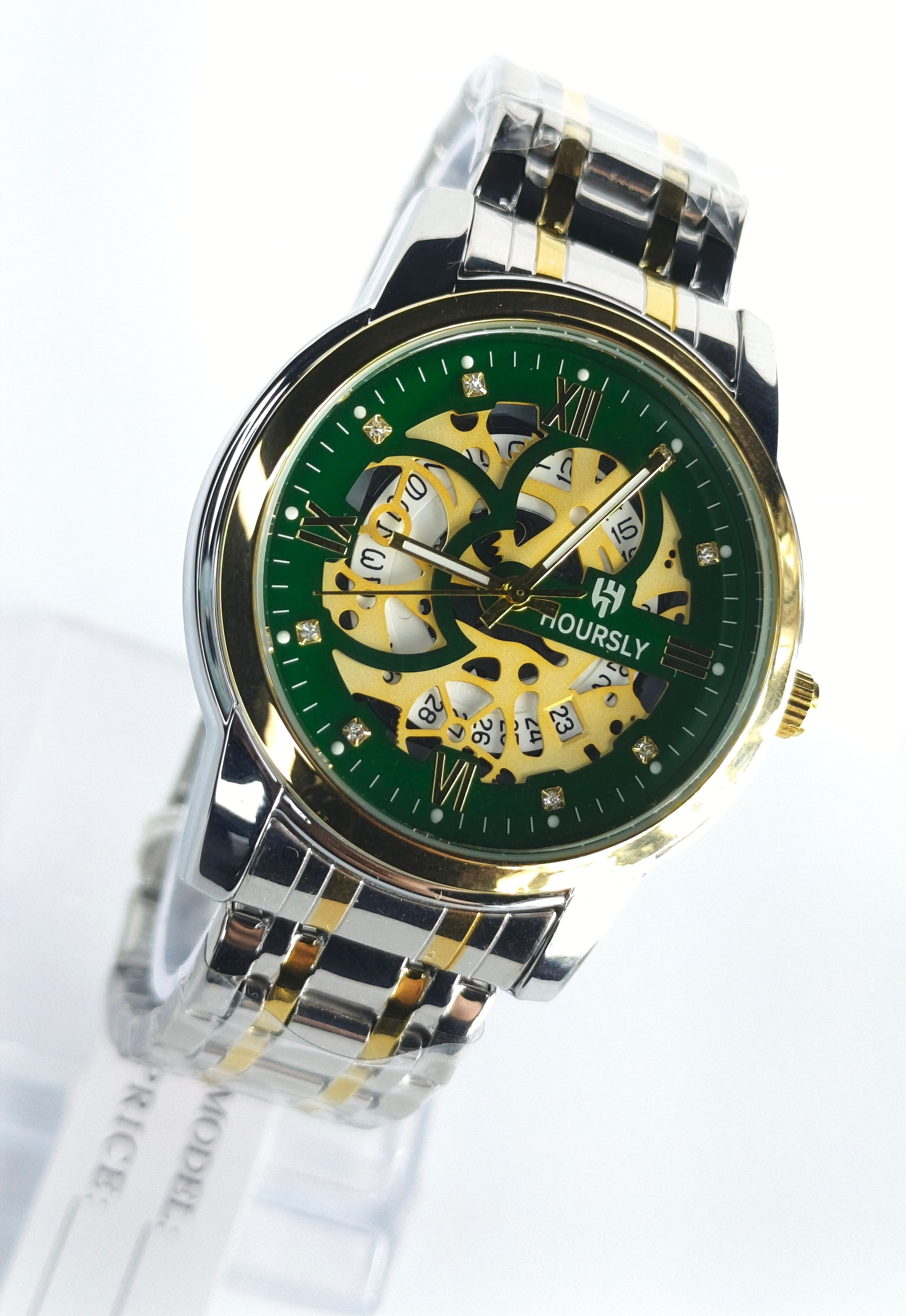 Hoursly(Original)Skeleton|Green Dial|Golden Chain we